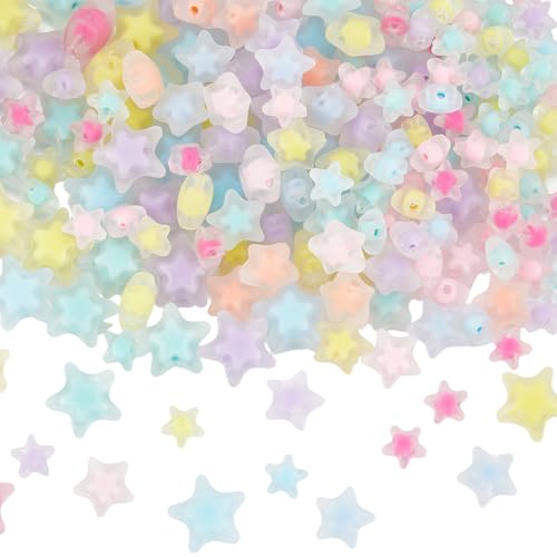 1 Box 300pcs Acrylic Frosted Star Beads Transparent Double Stars Shaped Pony Clear Matte Mixed Color Loose Spacer Bead Charm Bulk for Jewelry Making Bracelets Necklace DIY Craft Supply