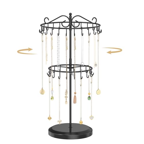 MODOWEY Rotating Necklace Holder Organizer Display Stand with 42 Hooks, 2 Tier Adjustable Metal Tree for Long Necklace Hanger Selling, Tall Spinning Bracelet Storage Rack for Men Women, Black - color: Glossy Black, size: 2 Tier