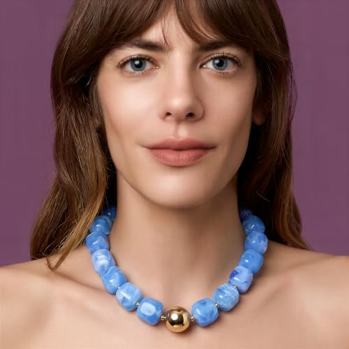 Chunky Necklaces for Women, Trendy Colorful Square Acrylic Resin Beads Statement Choker Necklace, Lightweight Boho Summer Beach Vacation Jewelry - color: Larimar Blue color