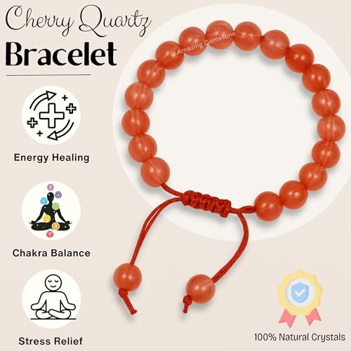 Amazing Gemstone Cherry Quartz Bracelet, Gifts For Men & Women - Protection Healing Crystal Bracelet - 8mm Gemstone Beaded Adjustable Bracelet, Pulseras Para Hombres Mujer Stocking Stuffers - color: Cherry Quartz