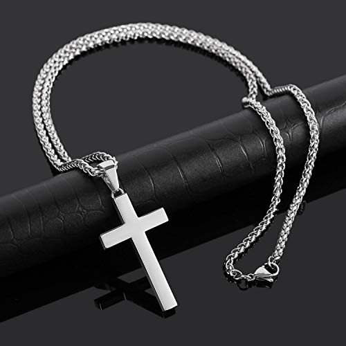 P. BLAKE Stainless Steel Cross Pendant Necklace for Men Boys, Christian Cross Pendant with 16-24 Inches Chain Cross Necklace Jewelry Gifts - size: 22 inches, style: Silver Pendant 1.7*0.9