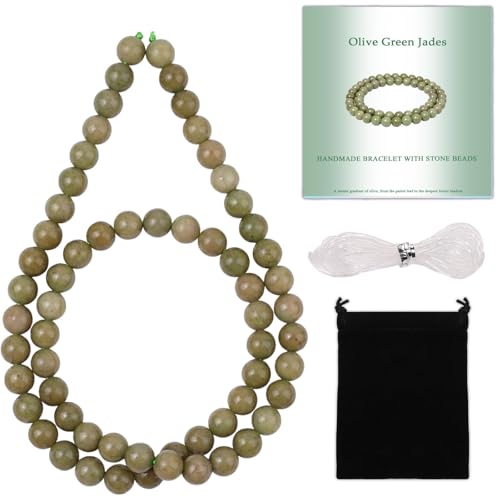 Stone Beads, 60pcs Olive Green Jades, 6mm Round Loose Beads for Jewelry Making, Bracelets, with Bag, String & Card - color: Olive Green Jades, size: 6mm