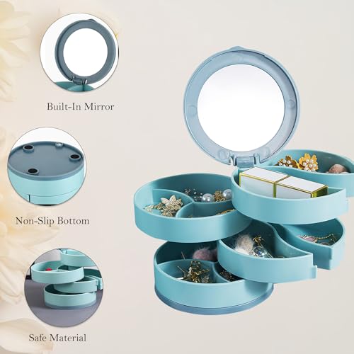 Rotating Jewelry Organizer Box with Mirror – Large Capacity Multi-Layer Storage, 360° Rotation, Protective Cover, Compact with Non-Slip Base (White) - color: White