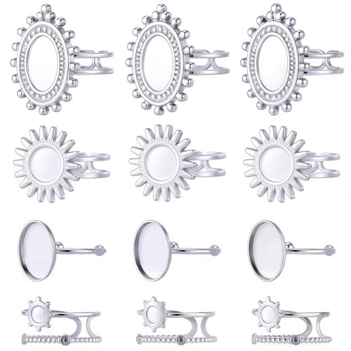 SUNNYCLUE 1 Box 16Pcs Stainless Steel Bezel Cabochon Ring Base Metal Antique Round Adjustable Prong Ring Blank Tray Setting Components for Jewelry Making Kits DIY Supplies Women Adult - style: Ring 4