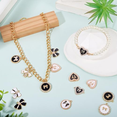 Craftdady Crystal Rhinestone Pendants Butterfly Heart Rhombus Bowknot Earring Charms Alloy Enamel Metal Pendants Light Gold Bracelet Charms for DIY Craft Necklace Jewelry Making - color: Black White Heart