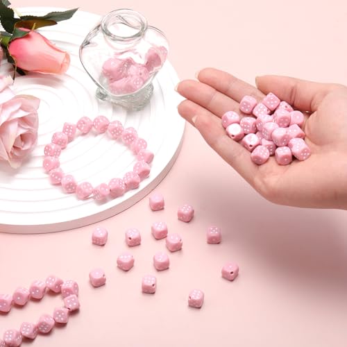 Ferreve 90 Piece Acrylic Dice Beads 10mm Dice Beads Bulk, Casino Games Birthday Party Supplies, Jewelry Making, Bracelet Necklaces Lanyard DIY Handicrafts (Pink) - color: Pink