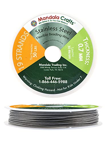 Mandala Crafts 19 Strand Beading Wire for Jewelry Making - 98 FT 21 Gauge Stainless Steel Braided Tiger Tail Wire for Bead Stringing - size: 19 Strands 21 Gauge 0.7MM 98FT