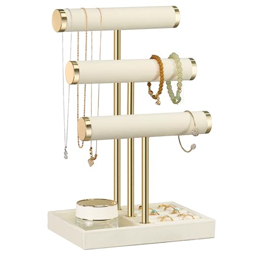 3 Tier Bracelet Holder Display - Detachable T Bar Beige Velvet Bracelet Holder, Jewelry Holder Organizer for Bracelet, Necklace, Watches, Rings - color: Beige, size: Standard