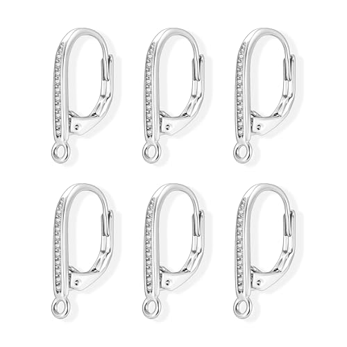 Sterling Silver Leverback Earring Hooks, 6Pcs Hypoallergenic Earring Hooks French Huggie Hoop with Zirconia 925 Sterling Silver Findings Leverback Dangle Ear Hook Replacement Set Making Supplies - color: 6PCS_Silver