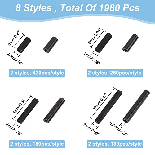 arricraft 4 Sizes Glass Bugle Beads, 1980 Pcs Opaque Frosted Black Charms, Small Craft Beads with Hole Long Tube Seeds for DIY Bracelet Necklaces Crafting Jewelry Making