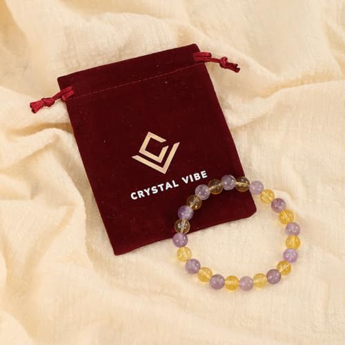 Crystal Vibe 8mm Beaded Bracelets For Women Men - Healing Crystal Bracelet - Adjustable Size - color: amethyst citrine