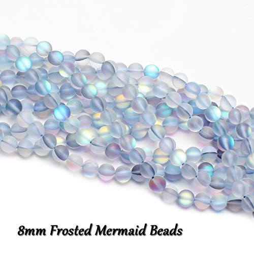 70PCS Natural 8MM Healing Gemstone, Synthetic Frosted Mermaid Energy Stone Round Loose Beads, Semi-Precious Crystal Beads with Free Elastic String for Jewelry Making DIY - color: Frosted Mermaid, size: 8MM