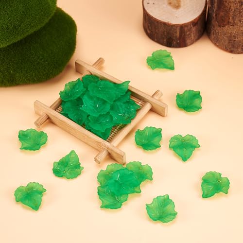 Crafans 100Pcs Frosted Acrylic Leaf Charms 24x22.5x3mm Transparent Plant Pendants Matte Clear Leaves Beads Charms for Jewelry Making (Green) - color: Green