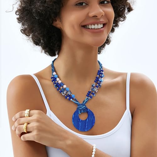 Coiris Shell Pendant Statement Strand Necklace for Women Boho Multi Beads Natural Stone Colorful Necklace Bohemian Handmade Chunky Shell Beaded Collar Jewelry for Women - color: NavyBlue