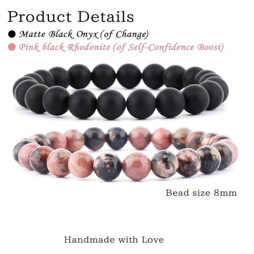 NCB 2.3-Piece 4mm Natural Crystal Gemstone Stretch Bracelets – Handmade Reiki Energy Healing Jewelry for Meditation,Yoga, Unisex - color: 2PCS ( Pink black Rhodonite+Matte Black Agate ), size: 8mm