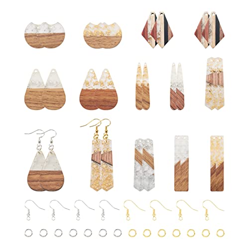 Beadthoven 88pcs Glittery Resin Wood Pendants Earrings Making Kit Gold Foil Wooden Earring Blanks Teardrop Rectangle Geometry Wood Earring Charms for Jewelry Making with Earring Hooks Jump Rings - color: 0Gold Silver Foil