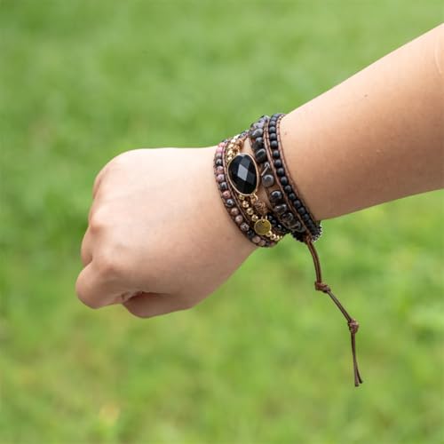 YGLINE Women Boho Handmade Natural Stone Crystal Leather Bead Wrap Bracelets Collection - color: Oynx