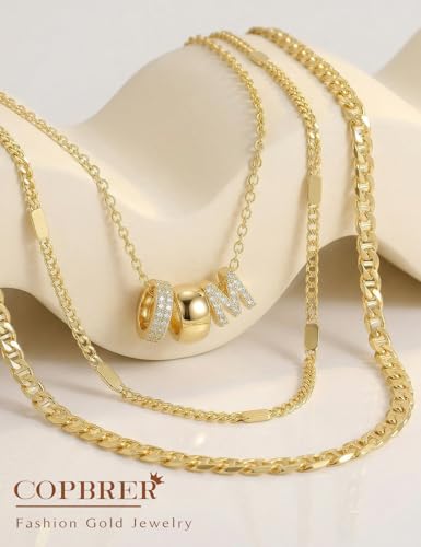 Layered Gold Necklaces for Women, 14K Gold Plated Dainty Cubic Zirconia Rondelle Initial Pendant Necklace, Chunky Stackable Mariner Chain Choker, Trendy Personalized Name Jewelry Gifts for Women - style: Letter M