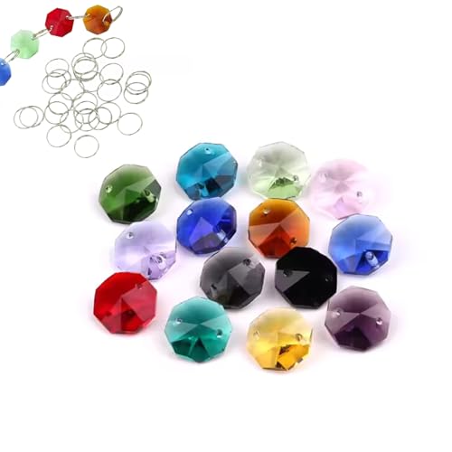 0.55inch 14mm Glass Crystal Chandelier Octagon Beads Mixed Colors in One Hole Two Hole Lighting Accessories DIY Curtain Beads Homecoming Supplies Christmas Garlands Garden Suncatchers 100pcs (1 Hole)