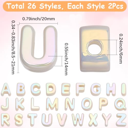 52Pcs 26 Styles Alphabet Shaped Beads Large Hole Letter Beads Small A to Z Hollow Pearlized European Acrylic Loose Smooth Spacers for Necklace Earrings Bracelets Keychain Jewelry DIY Crafts - style: Style 3