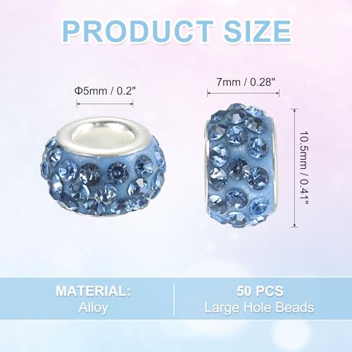 uxcell 50Pcs European Large Hole Beads, Rhinestone Craft Bead Crystal Charm Spacer Beads for Pens Bracelet Making Necklace DIY Craft, Light Blue - color: Light Blue