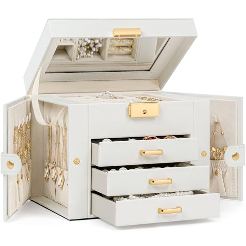 TORIBIO Jewelry Box for Women, Leather Jewelry Organizer with Mirror & Lock, 4-Tier Jewelry Storage Organizer with 3 Drawers for Girls/Women/Mothers, Necklace Earring Bracelets Holder Organizer - color: White + Gold, size: 4 Layer