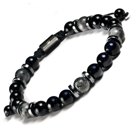 Mens Beaded Bracelet - Stone Jewelry, Black Onyx Hematite Bracelets, Mens Accessories, Adjustable - style: Spectral Gleam
