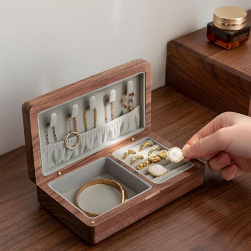 Small Wooden Jewelry Box, Vintage Delicate Walnut Wood Jewelry Case, Ideal Gift for Man Women, Protable Travel Jewelry Organizer (Gray, Small) - color: Gray, size: Small