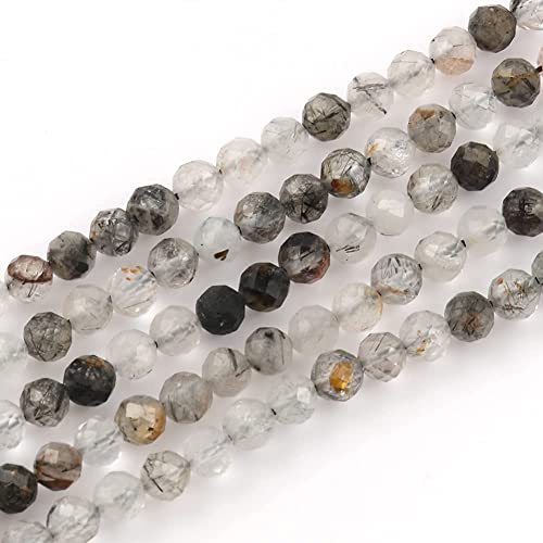 Song Xi 180pcs 2mm Natural Black Rutilated Quartz Gemstone Beads Faceted Round Loose Stone Beads for Jewelry Making (1 Strand) - color: Black Rutilated Quartz, size: 1.9-2.4mm