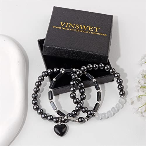 Vinswet Healing Crystal Beaded Bracelets for Women,Natural Amethyst Gemstones Bracelet,Anxiety Stress Relief Heart Charm Bracelet Handmade purple Jewelry Gifts for Women - color: Hematite&Moonstone