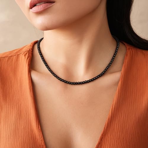 Crystal Choker Necklaces for Women,4mm Handmade Natural Stone Choker Beaded Necklace Healing Crystal Necklace Gemstone Bead Necklaces for Women - color: Black Obsidian