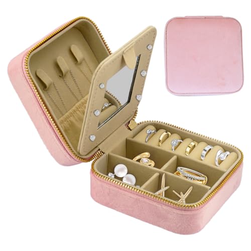 Travel Jewelry Case for Women, 3.93" × 3.93" Portable Small Velvet Jewelry Organizer Travel with Mirror, Mini Jewelry Box for Earrings, Rings, Necklaces (Pink) - color: 1pc Pink
