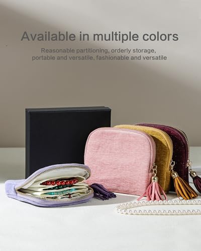 Travel Jewelry Case, Small Velvet Jewelry Bag with Zipper, 5-Layer Anti-Scratch Pouch for Bracelets Necklaces Earrings, Tangle-Free Jewelry Storage, Gift for Her Chenille Velvet Red Purple - color: Red Purple