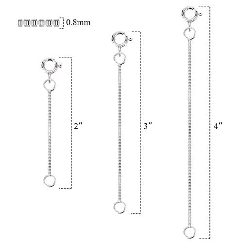 3 Pcs 925 Sterling Silver Box Chain Necklace Extenders | Durable Strong Removable Necklace Bracelet Anklet Extension Jewelry Making Chains (2 3 4 Inch, 0.8/1mm) - style: 0.8mm
