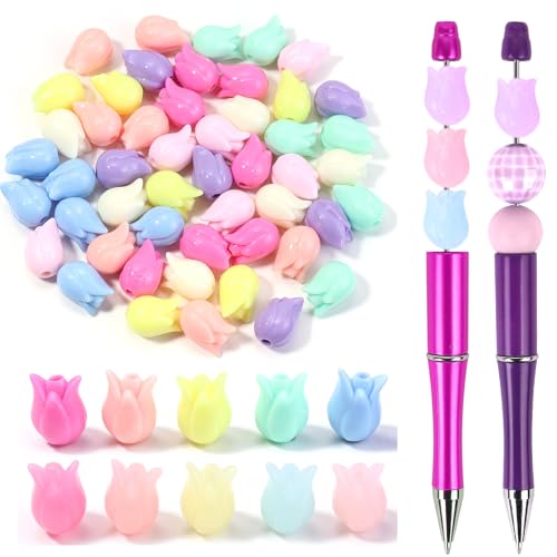 100Pcs Tulip Focal Beads for Pens Colorful Flower Fancy Spacer Beads for DIY Craft Beadable Pens Keychains Bracelet Necklace Earrings - color: Tulip