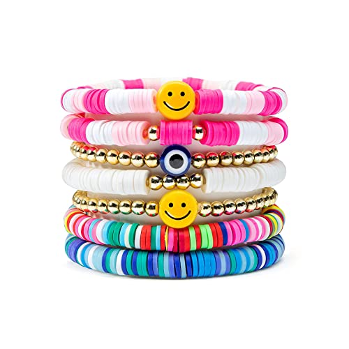 Surfer Heishi Bracelets Set Colorful Preppy Smile Evil Eye Beaded Stretch Bracelets Clay Stackable Boho Disc Party Gifts Y2K Kidcore Aesthetic Summer Beach Bohemian Layering Bracelets Jewelry for Women - style: StyleB