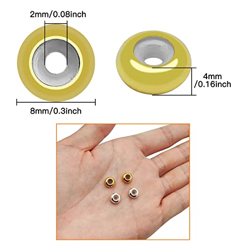 80pcs 8mm Stopper Beads Brass Flat Round Rondelle Spacer Beads Adjustable Slider Clasps Round Beads Insert Rubber Crimp Stopper Beads for DIY Bracelet Necklace Jewelry Making(2mm Hole,2Colors) - color: Gold,silver