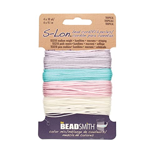 The Beadsmith S-Lon Bead Cord – .5 mm Twisted Nylon Cord for Stringing, TEX210, Tropical Mix, 4 Colors, 10 Yards Each Color - color: Tropical