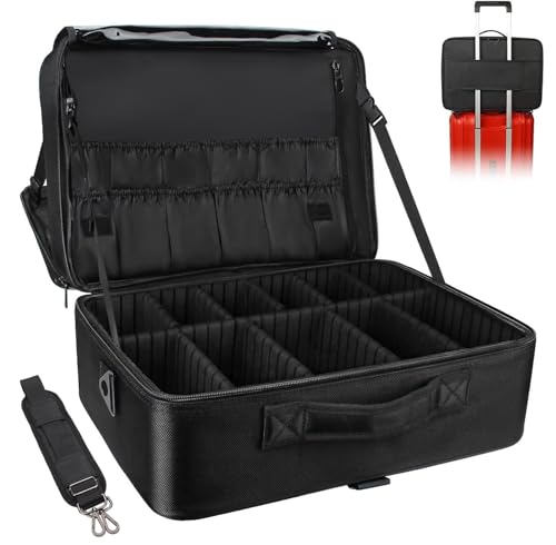 Relavel Extra Large Makeup Case, Makeup Artist Set Bag Professional Cosmetic Organizer Bag Storage Box with Makeup Brush Holder, Adjustable Dividers and Shoulder Strap, Black - color: Black, size: X Large