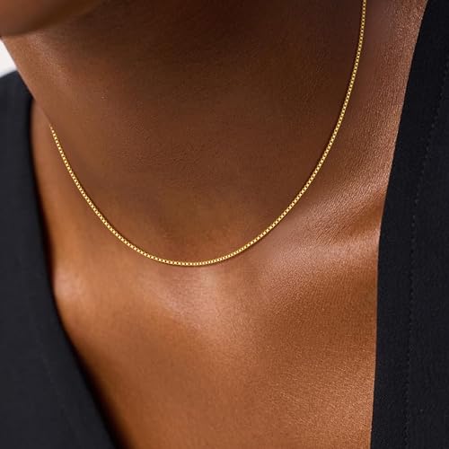 18K Gold Plated 925 Sterling Silver Chain for Women, 1mm Box Chain Dainty Gold Necklace Jewelry Gifts for Women Mom Girlfriend - size: 20 Inches