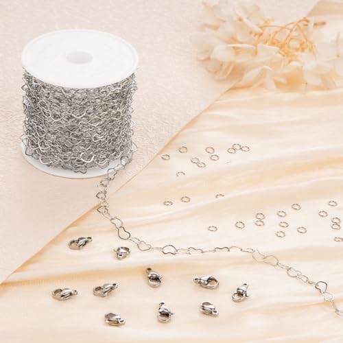 Jabogrii 5 Meters Stainless Steel Heart Chain for Jewelry Making Silver DIY Craft Jewelry Making Chain with Lobster Clasps and Jump Rings - color: Hollow Heart Silver