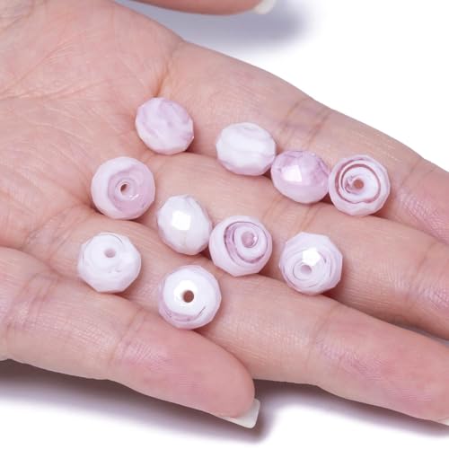 7.5×10mm 50pcs Pink White Faceted Lampwork Glass Beads for Jewelry Making, Flat Round Handmade Murano Beads for Bracelets, Crafts, Friendship Bracelet Kit, Rosary Making - color: Pink White