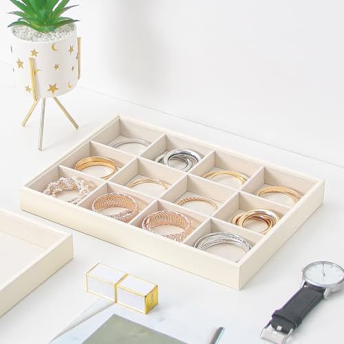 Stackable Jewelry Organizer Tray For Drawers,White Leather Small Earring Storage Tray,Bracelet And Necklace Display Box,Jewelry Ring Display Case (12 Grids) - style: 12 Grids