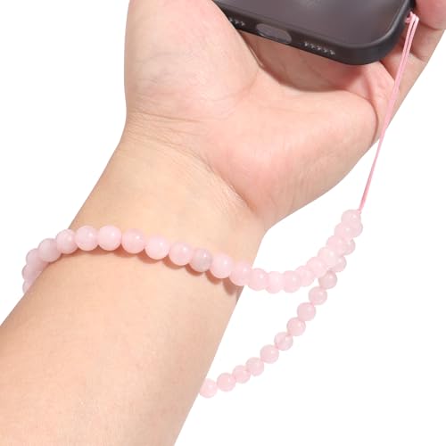 Semi-Precious Gem Stones Beaded Phone Charm Cell Phone Lanyard Wrist Strap Handmade Natural Gemstone Phone Chain string - color: Rose Quartz