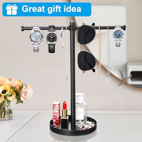 bodkar Jewelry Necklace Organizer Stand,12.9" Tall Sturdy Metal Jewelry Stand with Round Tray for Bracelet Bangles Holder Display,Long Necklace Organizer Holder (black) - color: Black