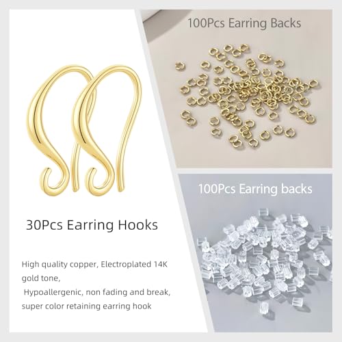 Earring Hooks, 230PCS 14K Gold Plated Earring Findings for Jewelry Making Hypoallergenic Ear Wires for DIY Bulk Pack - color: 14K Gold-Thick Earring Hooks