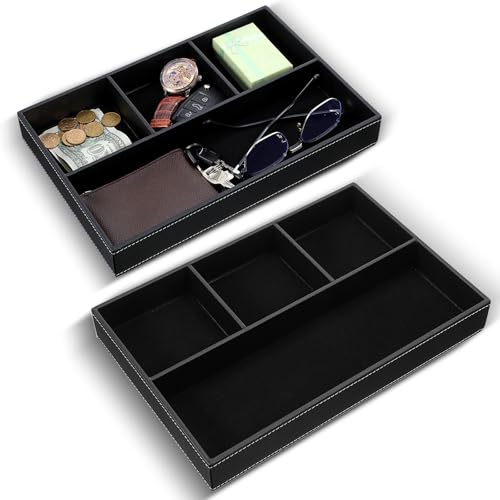 2 Pieces Faux Leather Valet Tray for Men, Stackable Jewelry Organizer for Drawers, Nightstand Caddy Tray for Key, Wallet, Sunglass, Watch, Coin, Phone, Bedside Desk-top Storage (Black)