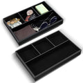 2 Pieces Faux Leather Valet Tray for Men, Stackable Jewelry Organizer for Drawers, Nightstand Caddy Tray for Key, Wallet, Sunglass, Watch, Coin, Phone, Bedside Desk-top Storage (Black)