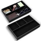 2 Pieces Faux Leather Valet Tray for Men, Stackable Jewelry Organizer for Drawers, Nightstand Caddy Tray for Key, Wallet, Sunglass, Watch, Coin, Phone, Bedside Desk-top Storage (Black)