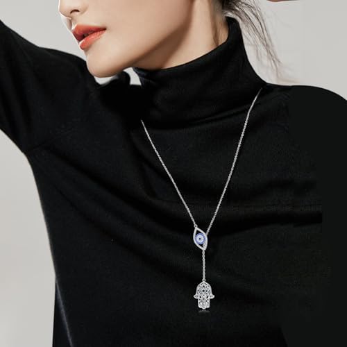 Long Necklace Sterling Silver Larait Bar Y Lariat Long Chain Drop Adjustable Necklace Gift for Her, 30" - style: Evil Eye Hamsa Hand Necklace